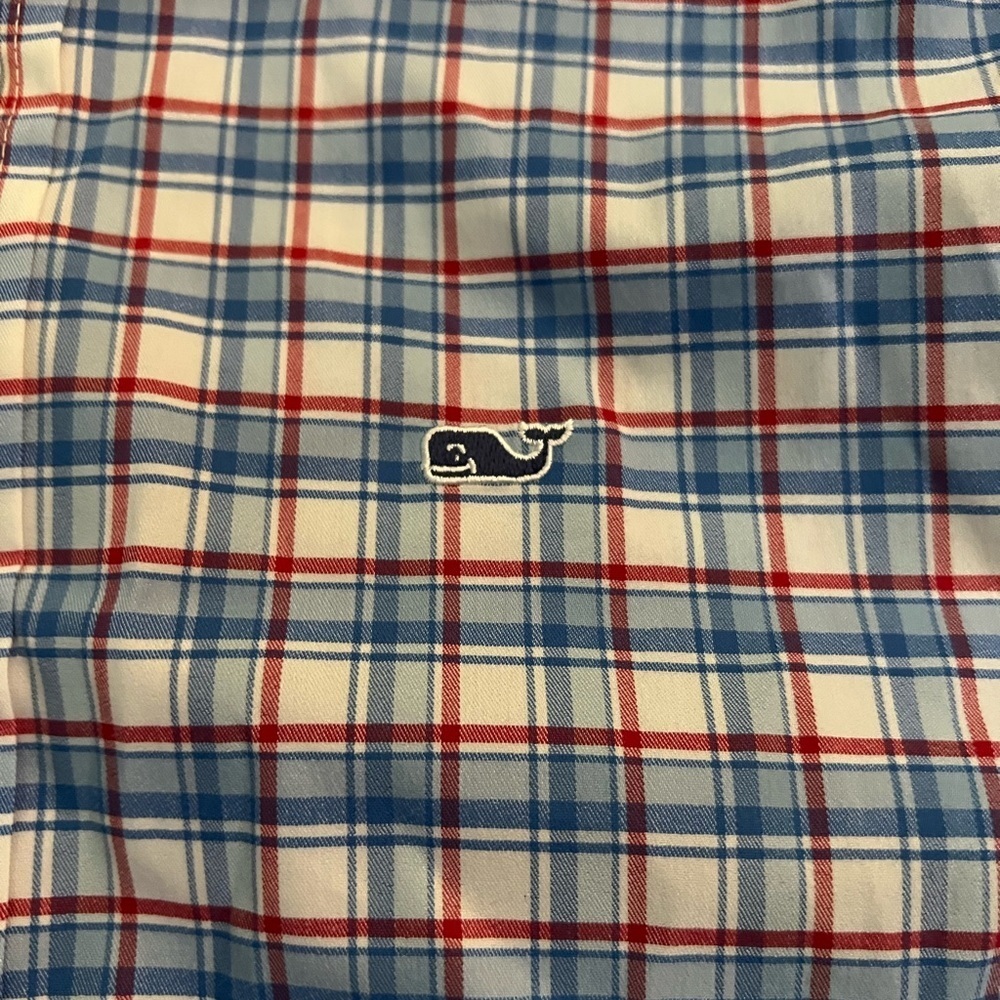 Vineyard Vines Whale Shirt Boys L 16-18 Button Down Checkered Red Blue White - Picture 2 of 4